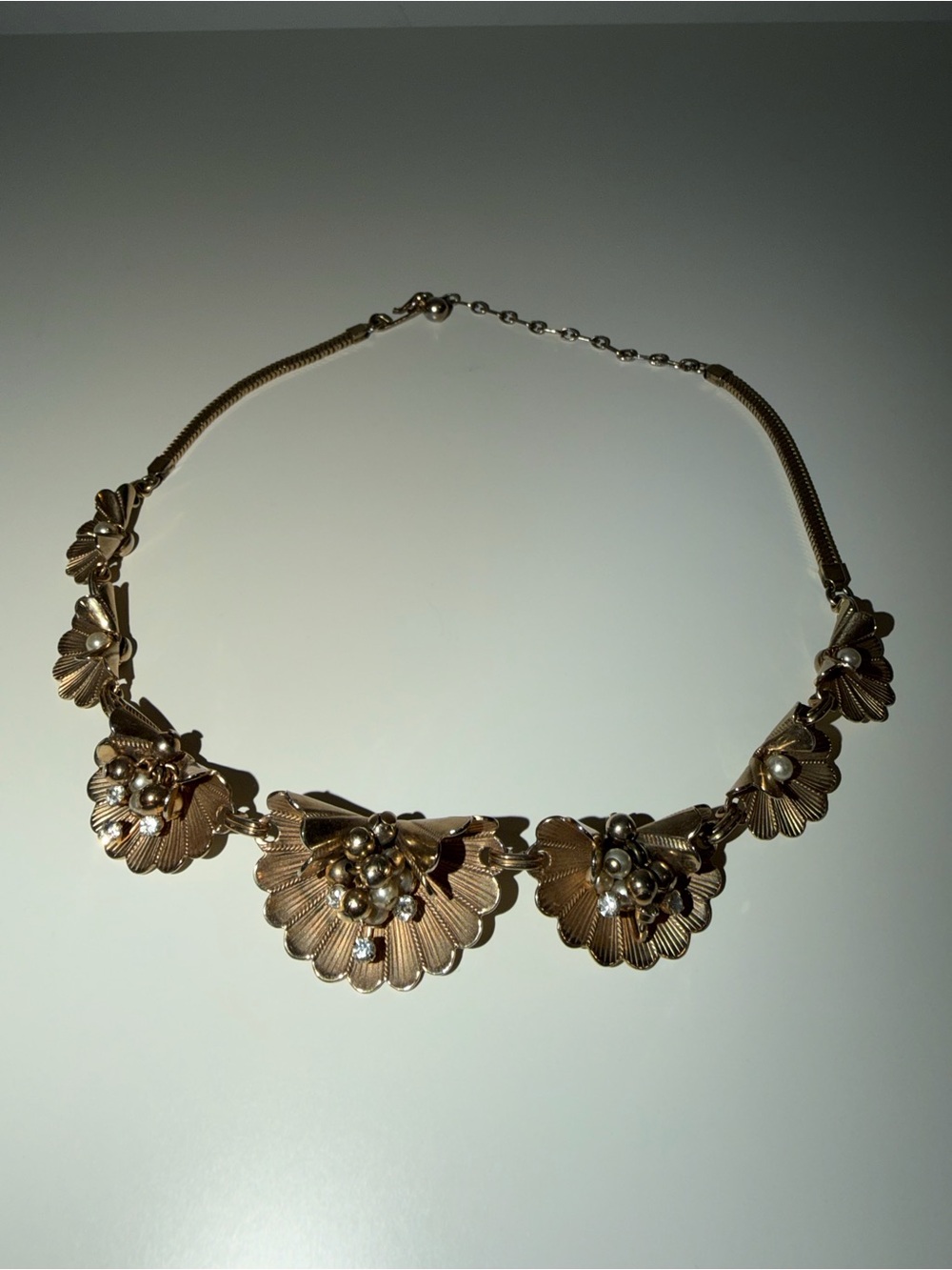 Vintage Gold-Tone Shell with Faux Pearls & Rhinestone Adjustable Necklace